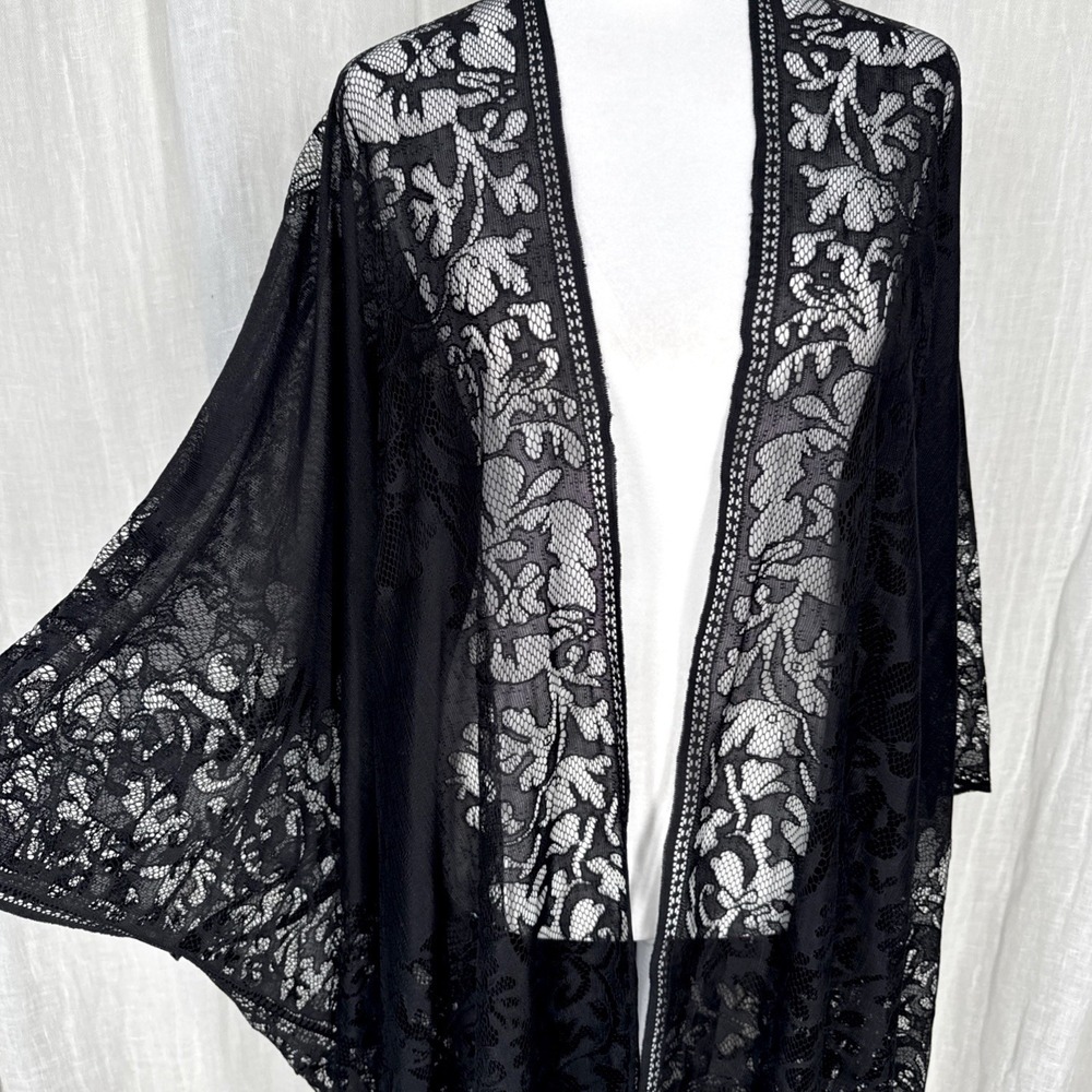 Black Sheer Lace Romantic Whimsigoth Fringe Shawl One Size Boho Witchy Victorian
